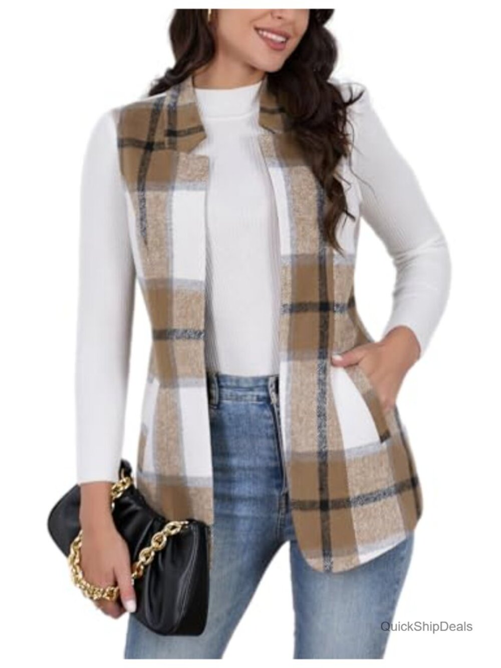 Wool Blend Plaid Vest Sleeveless Blazer Open Front Cardigan Office Top